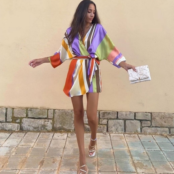 Zara Pants - ZARA Satin Rainbow Striped Crossover Romper Playsuit Wrap Bloggers Fave